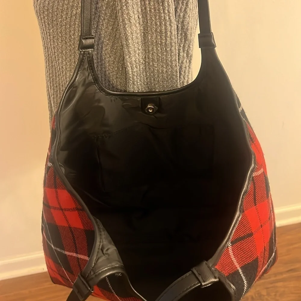 Victoria's Secret Plaid Flannel Red and Black Tote with Large Embroidered Logo - Picture 6 of 8